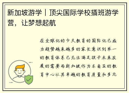 新加坡游学｜顶尖国际学校插班游学营，让梦想起航